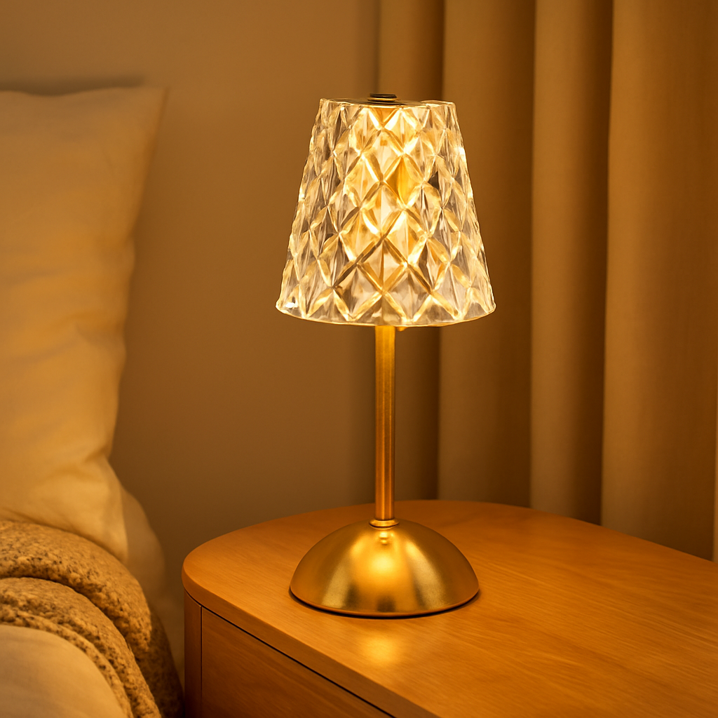 Lampe de Table LED en Cristal Doré – Tactile, Rechargeable et Variable