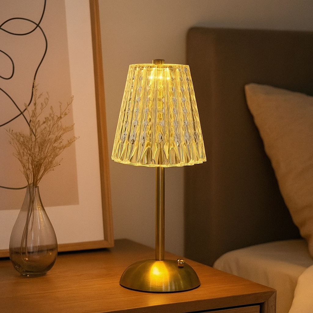 Lampe de Table LED en Cristal Doré – Tactile, Rechargeable et Variable