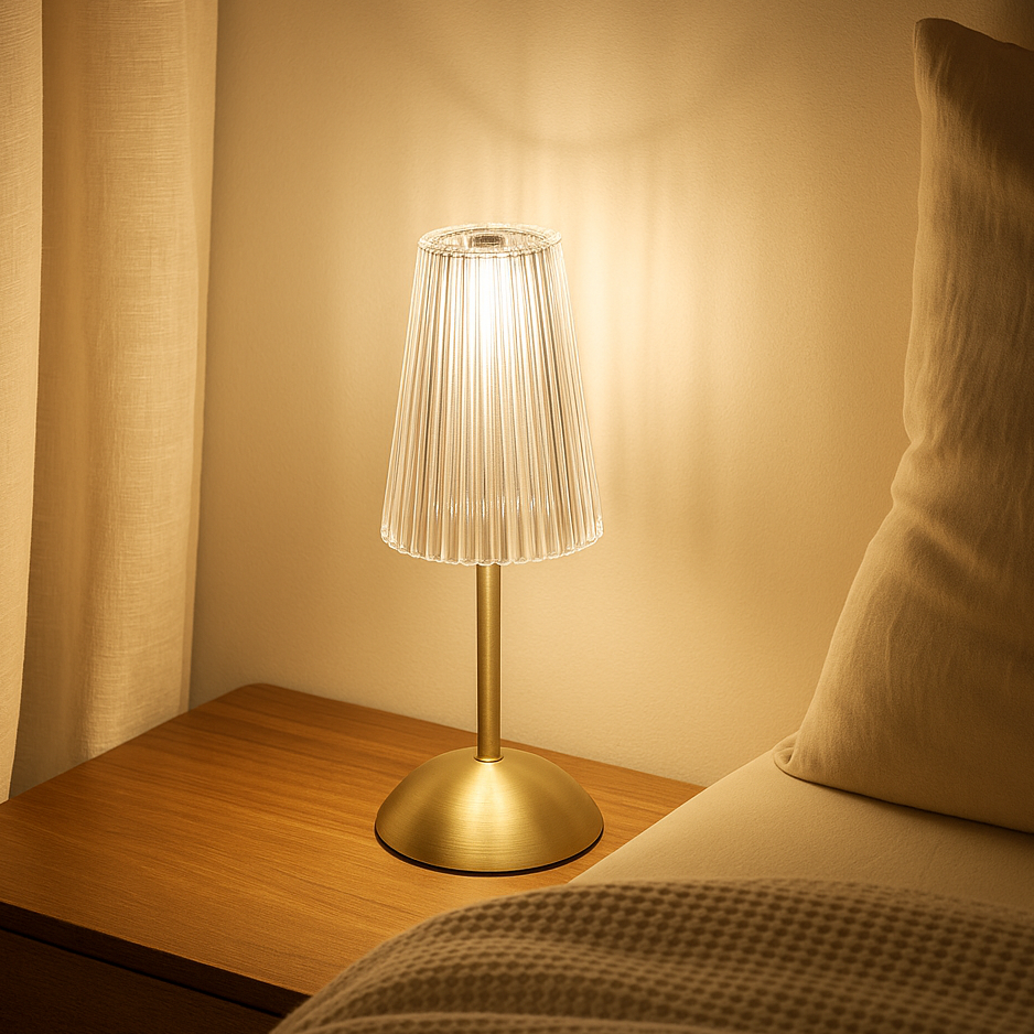 Lampe de Table LED en Cristal Doré – Tactile, Rechargeable et Variable