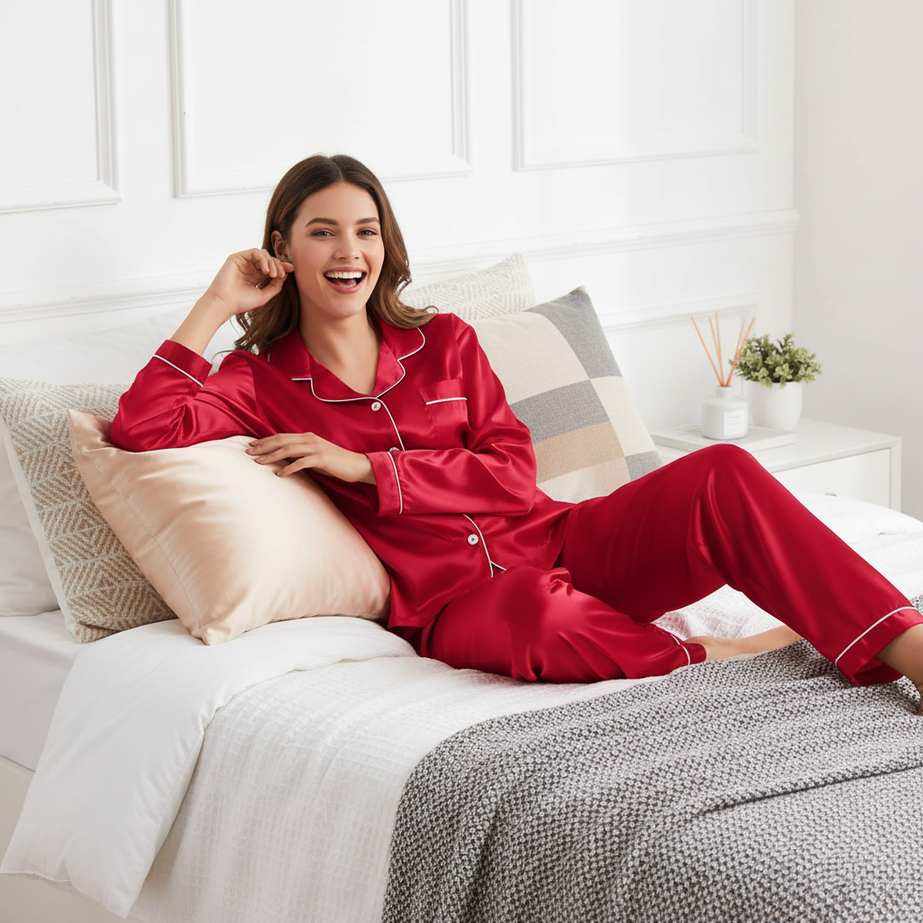 Pyjama Long en Satin Effet Soie