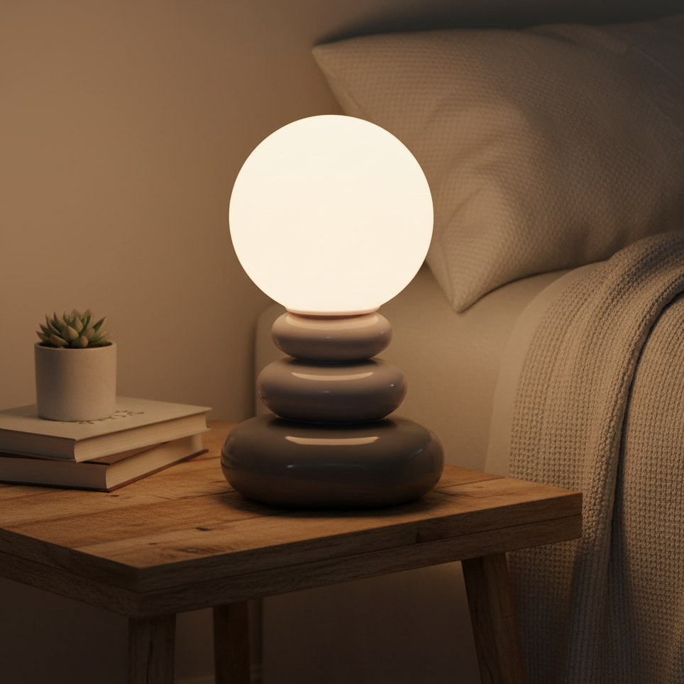 Lampe de Table Design Nordique – En Céramique Effet Pierre Colorée, Lumière LED